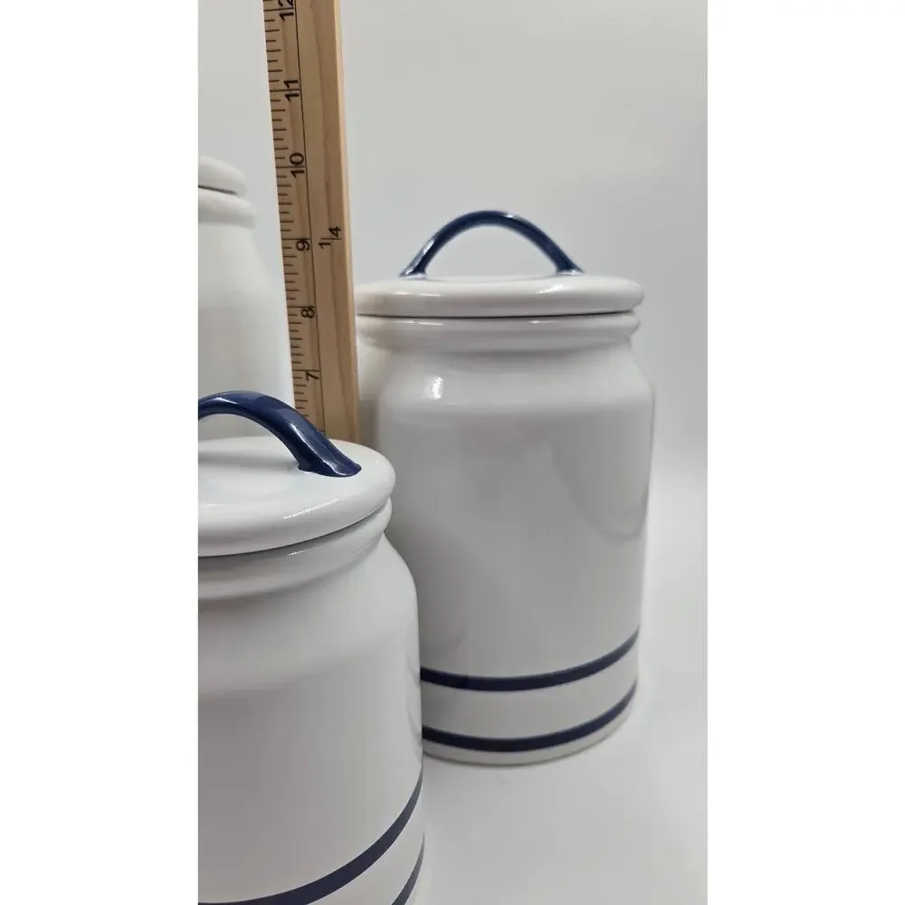 Martha Stewart Farmhouse White w/ Blue Stripe Ceramic Canister Set
